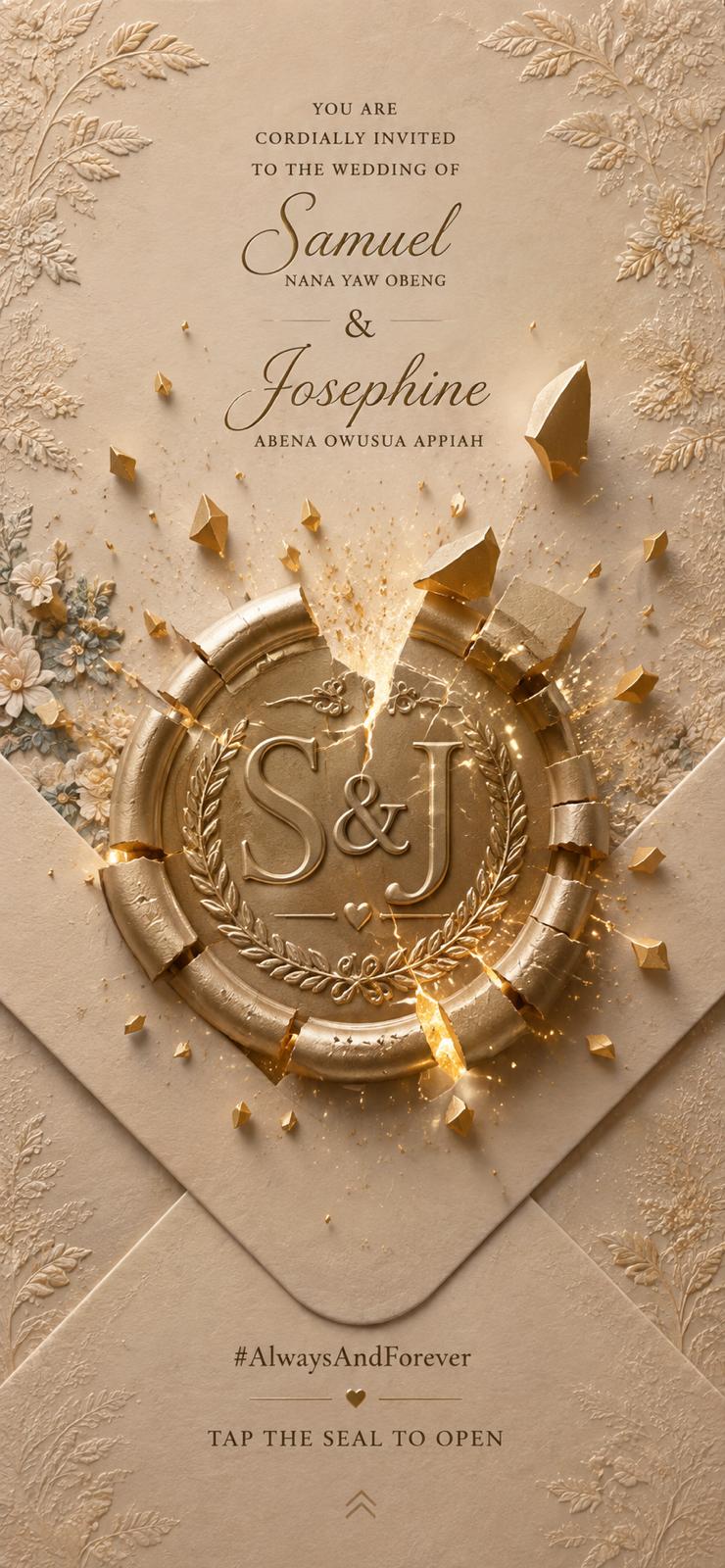 Samuel and Josephine wedding invitation. Tap the S&J seal to open.